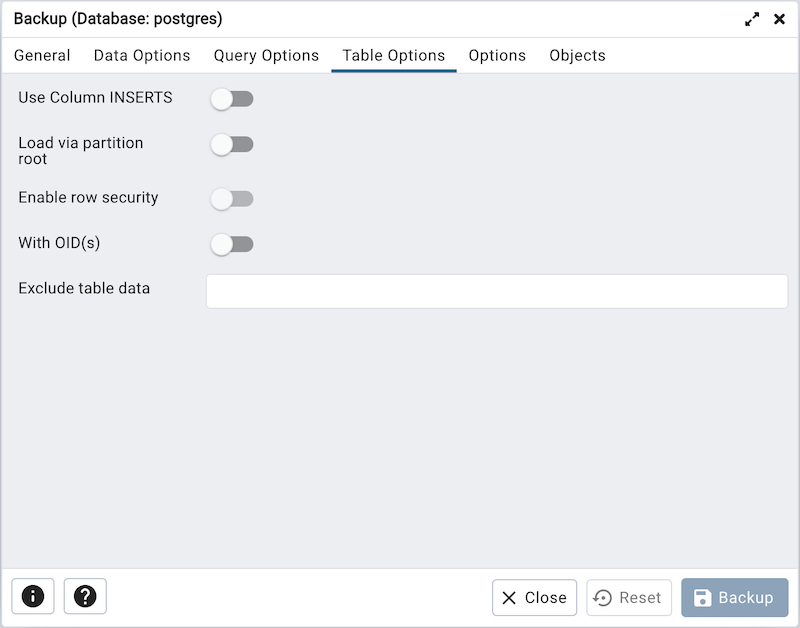 Backup dialog tables section