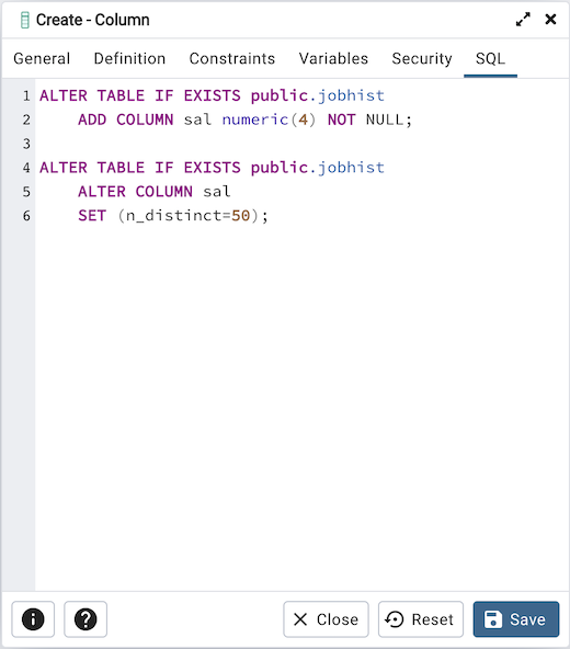 Column dialog sql tab