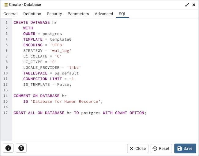 Database dialog sql tab