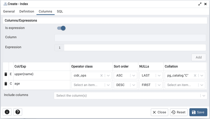 Index dialog columns tab