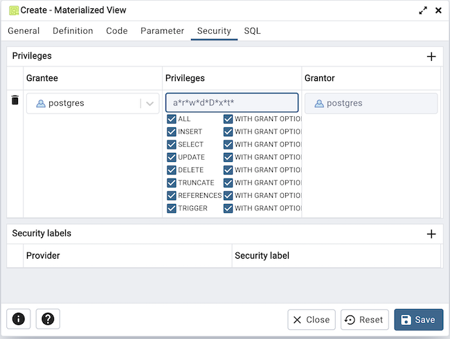 Materialized view dialog security tab