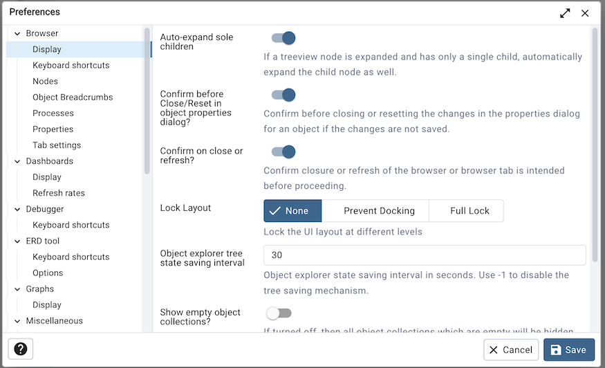 Preferences dialog browser display options