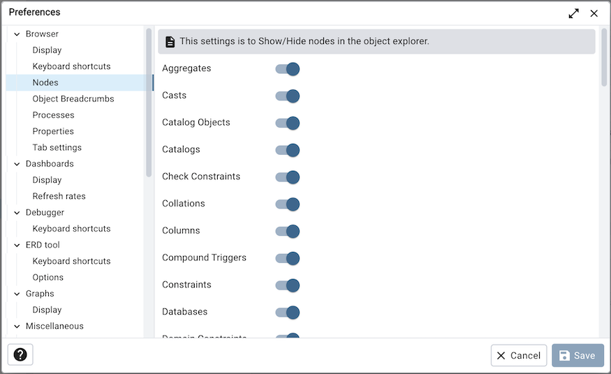 Preferences dialog browser nodes section