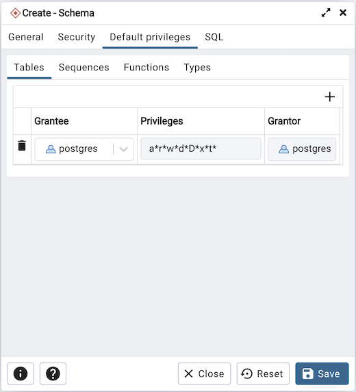 Schema dialog default privileges tab